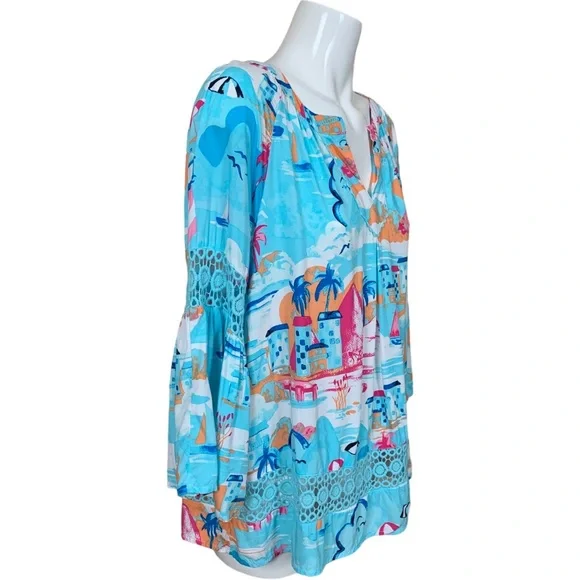 Crown & Ivy Belk Beach Print 3/4 Juliet Sleeves Crochet Inset Rayon Blouse XL - Picture 6 of 11